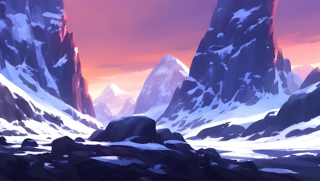 Montañas nevadas y paisajes de colinas durante el amanecer o el anochecer Ilustración detallada de pintura dibujada a mano