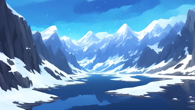 Montañas nevadas y paisajes de colinas durante el día Ilustración detallada de pintura dibujada a mano