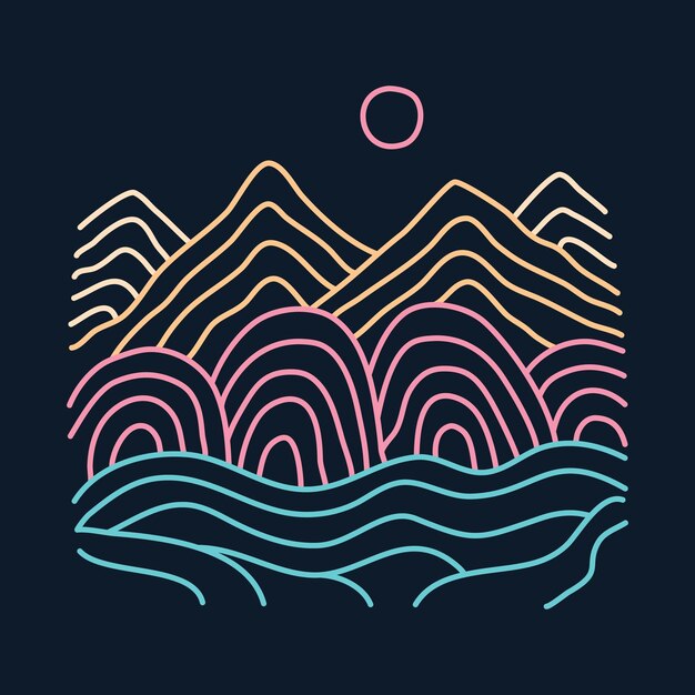 Montañas con ondas línea mono ilustración gráfica arte vectorial diseño de camiseta