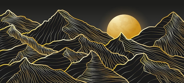 Montañas de oro Arte de línea fondo de lujo Relieve de colina abstracto Naturaleza negra y dorada Sol en mapa Textura de papel de aluminio Picos de roca y luna Paisaje de medianoche Diseño vectorial Ilustración llamativa