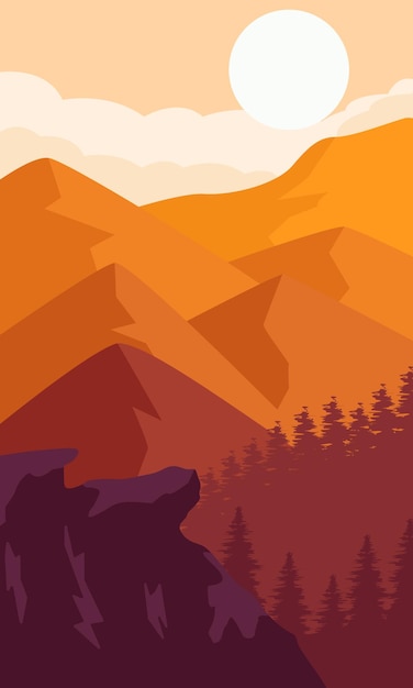 Las montañas de otoño tranquilas vector con silueta de árbol colina y diseño de ilustración de póster de sol