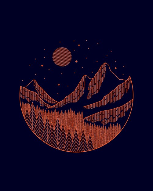 Montañas de paisaje de línea mono y vector de pinos para parche, pin, gráfico, diseño de camiseta de arte
