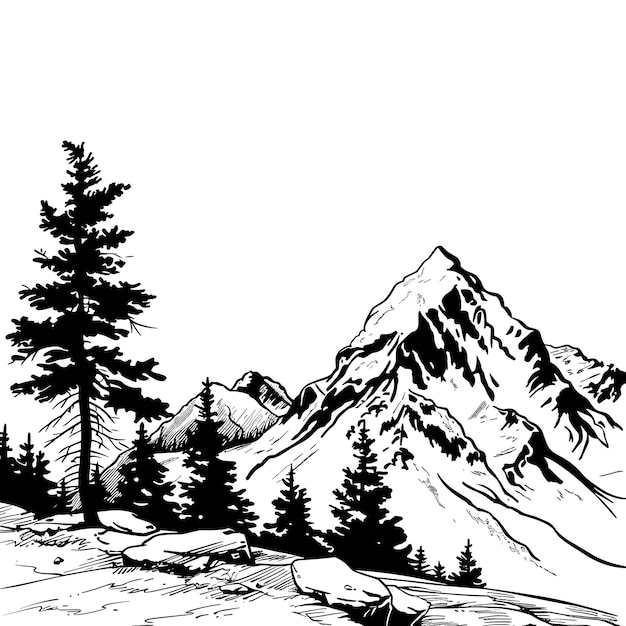 Montañas y pinos Ilustración vectorial negra Arte de boceto