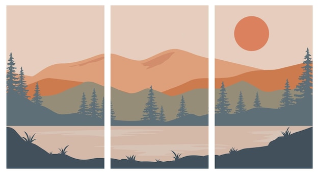 montanas planas de carteles y lagos de ilustración vectorial paquete de diseño y colección de plantillas de carteles