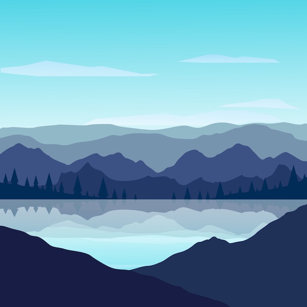 Las montañas con el reflejo en el lago en un día soleado