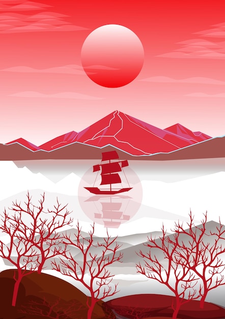 montañas rojas japonesas vector paisaje de la tierra montañas estilo japonés