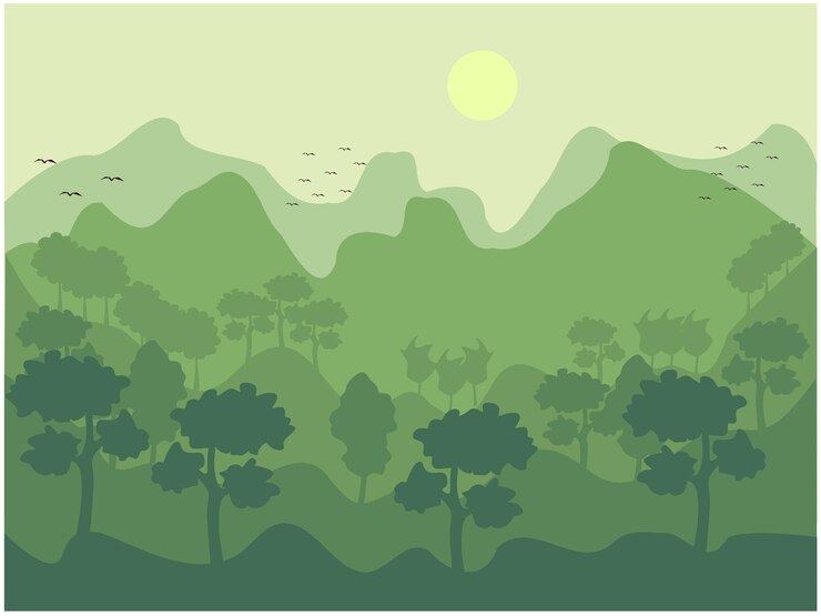 Montañas verdes con un paisaje verde y pájaros volando alrededor de la ilustración de arte vectorial