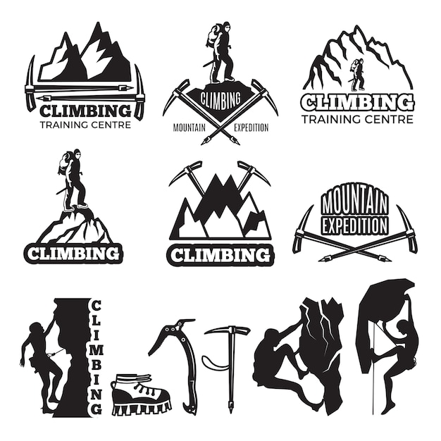 Montañismo y equipamiento diverso. plantilla de etiquetas con lugar para el texto. escalada silueta de insignia extrema, ilustración de escalada de exploración de logotipo