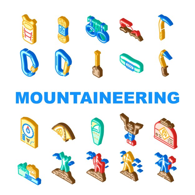 Montañismo herramienta deporte iconos conjunto vector aventura escalada equipo extremo escalador actividad alpinismo senderismo cuerda montañismo herramienta deporte isométrico signo ilustraciones