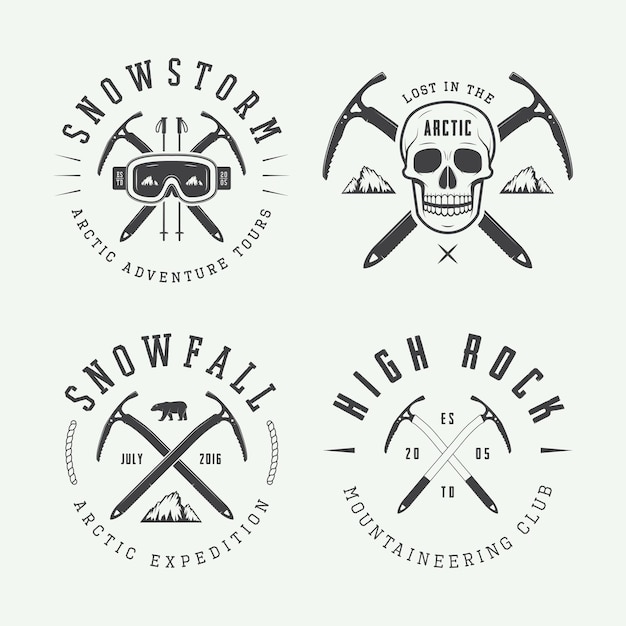 Montañismo vintage y expediciones árticas logos insignias emblemas y elementos de diseño
