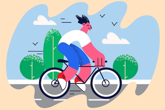 Montar en bicicleta y concepto de actividades de verano. Sonriente personaje de dibujos animados positivo joven montando bicicleta de piñón fijo en el parque durante el verano con árboles verdes alrededor de la ilustración vectorial