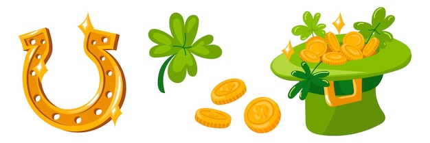 montar monedas trébol y una herradura dorada para el día de San Patricio objetos vectoriales aislados para la buena suerte