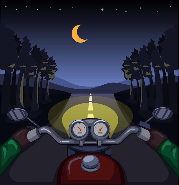 Montar motocicleta en la noche del bosque, concepto de escena de tablero de vista de piloto en ilustración de dibujos animados