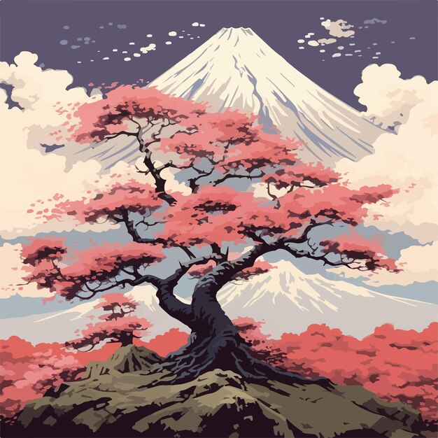 Monte fuji con diseño plano de flor rosa