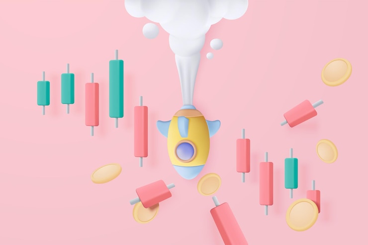 Vector montón 3d de monedas de dinero y gráfico con cohete espacial volador cayendo en picado concepto de fracaso empresarial representación de dinero 3d para finanzas precaución inversión 3d comercio gráfico icono vector ilustración