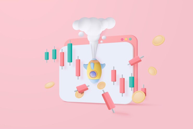Vector montón 3d de monedas de dinero y gráfico con cohete espacial volador cayendo en picado concepto de fracaso empresarial representación de dinero 3d para finanzas precaución inversión 3d comercio gráfico icono vector ilustración