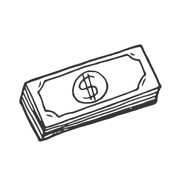 Vector montón de billetes de un dólar pila de dinero con ilustración de signo de dólar icono de garabato vectorial