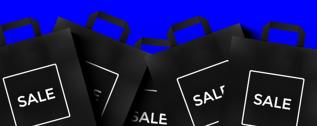 Un montón de bolsas de regalo de papel negro en el fondo azul diseño de banner vectorial de venta de compras