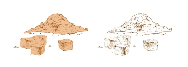 Montón coloreado de azúcar moreno y esbozo de polvo disperso y cubos de gránulos de caña de azúcar. Ilustración vectorial dibujada a mano contorneada aislada sobre fondo blanco.
