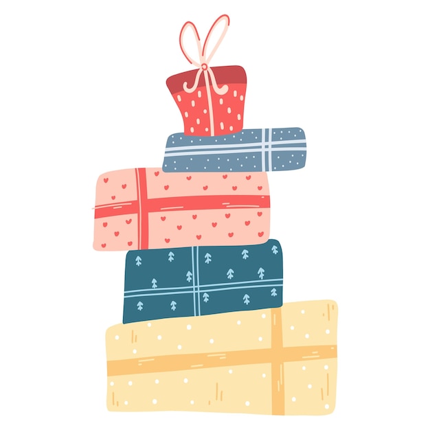 Montón de coloridas cajas de regalo en estilo plano de dibujos animados Ilustración vectorial dibujada a mano de regalos de montaña con arco