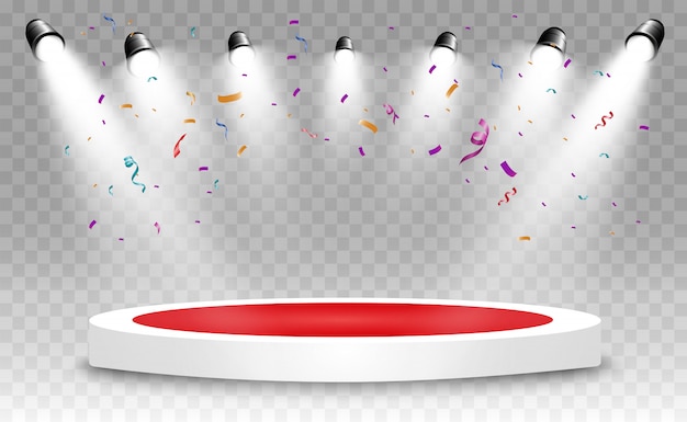Un montón de coloridos pequeños confeti y cintas sobre fondo transparente. Confeti brillante colorido aislado en el podio.