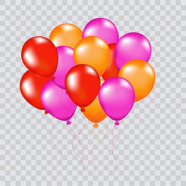 Un montón de globos aislados en un fondo blanco en 3 colores púrpura rojo y naranja vec realista