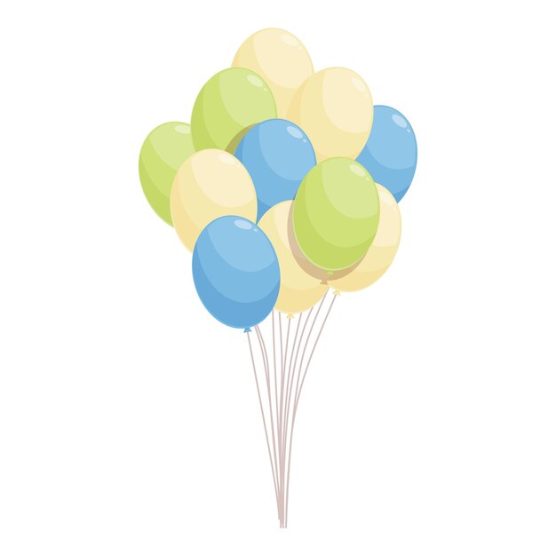 Un montón de globos verdes, amarillos y azules flotando para una fiesta de cumpleaños