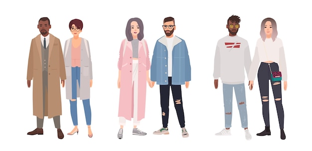 Un montón de lindas parejas elegantes o parejas románticas aisladas de fondo blanco. conjunto de hombres y mujeres vestidos con ropa de moda parados juntos y tomados de la mano. ilustración de vector de dibujos animados plana.