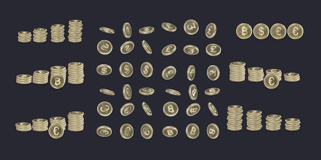 Un montón de monedas de dólares y euros monedas de bitcoin diferentes monedas en grandes cantidades vector