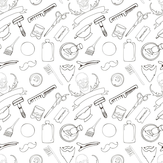 Un montón de objetos vectoriales para barbería en un patrón de Doodle sin costuras de fondo blanco