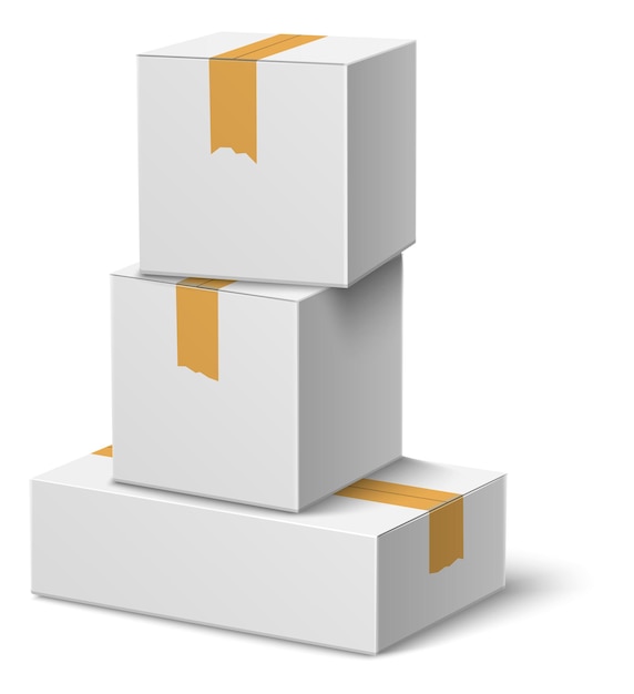 Vector montón de paquetes de envío cerrados. cajas de cartón realistas blancas.