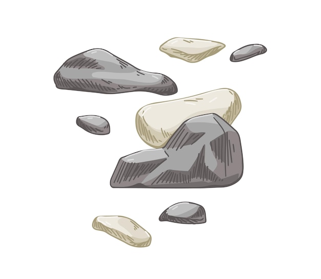 Montón de piedras. Composición de adoquines. Grupo de adoquines en bruto. Fósil de montaña natural. Fragmentos y piezas de roca. Ilustración vectorial dibujada a mano geológica aislada sobre fondo blanco