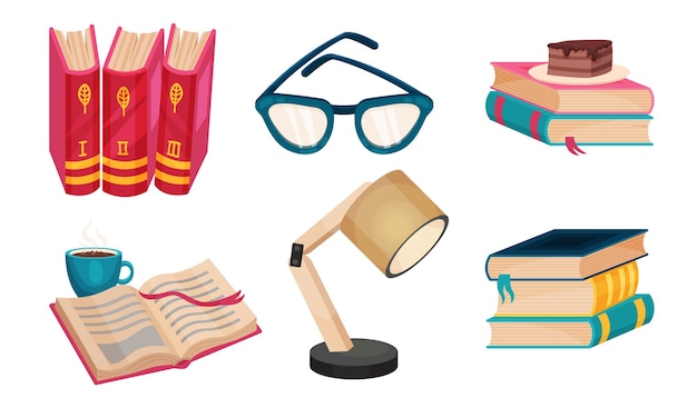 Montones de diferentes libros cerrados y abiertos y lámpara para estudiar conjuntos vectoriales