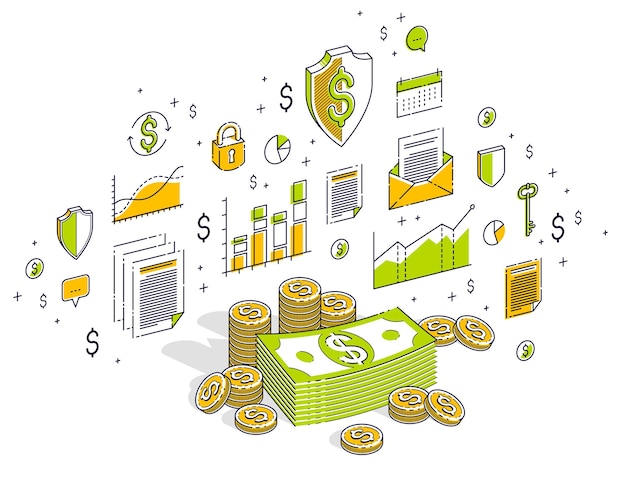 Montones de dólares de dinero en efectivo y montones de centavos de monedas aislados en fondo blanco. finanzas vectoriales 3d isométricas e ilustración empresarial con iconos, gráficos estadísticos y elementos de diseño.