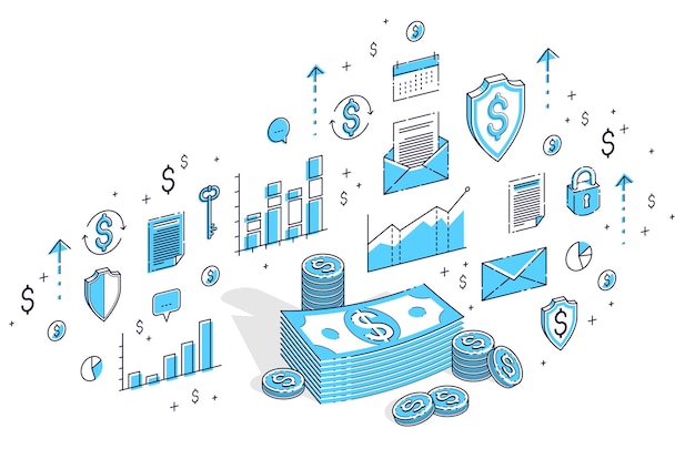 Montones de dólares de dinero en efectivo y montones de centavos de monedas aislados en fondo blanco. Finanzas vectoriales 3d isométricas e ilustración empresarial con iconos, gráficos estadísticos y elementos de diseño.