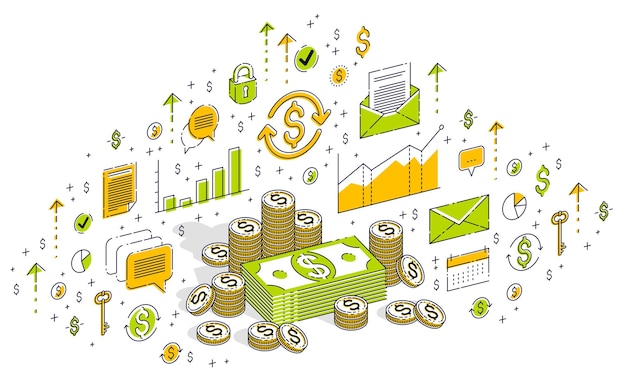 Montones de dólares de dinero en efectivo y montones de centavos de monedas aislados en fondo blanco. Finanzas vectoriales 3d isométricas e ilustración empresarial con iconos, gráficos estadísticos y elementos de diseño.