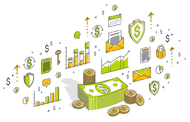 Montones de dólares de dinero en efectivo y montones de centavos de monedas aislados en fondo blanco. Finanzas vectoriales 3d isométricas e ilustración empresarial con iconos, gráficos estadísticos y elementos de diseño.