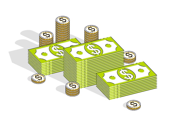 Montones de dólares de dinero en efectivo y montones de centavos de monedas aislados en fondo blanco. Vector 3d ilustración isométrica de negocios y finanzas, diseño de línea delgada.