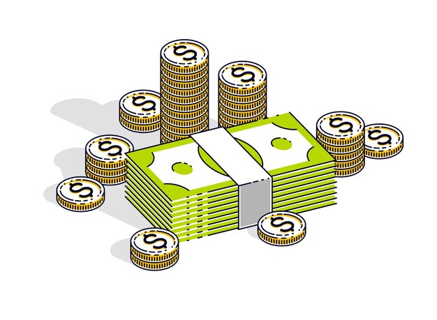 Montones de dólares de dinero en efectivo y montones de centavos de monedas aislados en fondo blanco. Vector 3d ilustración isométrica de negocios y finanzas, diseño de línea delgada.