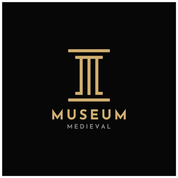 Monumento inicial del museo de la letra M con el diseño del logotipo de la columna del pilar del edificio romano griego