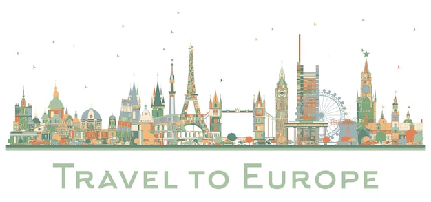 Monumentos famosos de Europa. Ilustración de vector. Concepto de turismo y viajes de negocios. Imagen para presentación, pancarta, cartel y sitio web