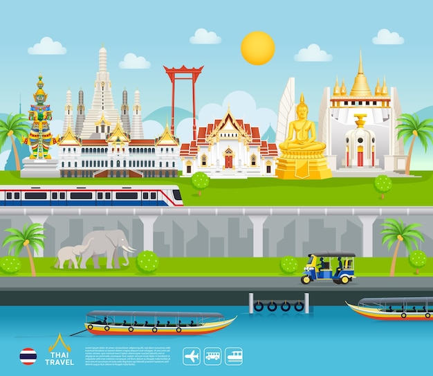 Vector los monumentos famosos de tailandia viajan banner lugares hermosos fondo de estilo plano