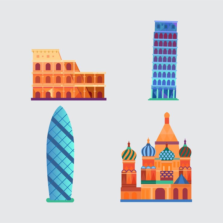 Vector monumentos mundialmente famosos conjunto vectorial torre eiffel estatua de la libertad ilustración del taj mahal