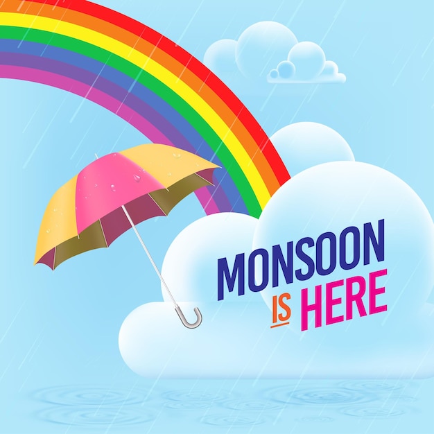 Monzón bakgroun nubes modernas en el cielo con paraguas y arco iris