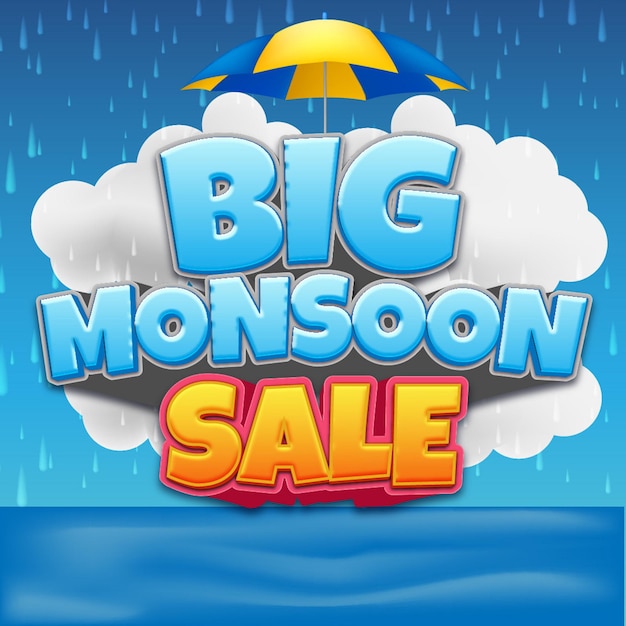 Monzón gran venta efecto de texto con lluvia y paraguas