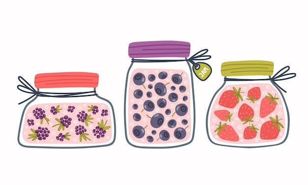 Moras, arándanos y fresas en frascos de vidrio Mermelada de bayas de dibujos animados Ilustración vectorial plana