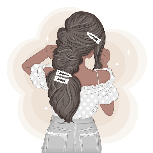 Morena glamorosa con cabello elegante con lindas horquillas imprimen ilustración vectorial de moda