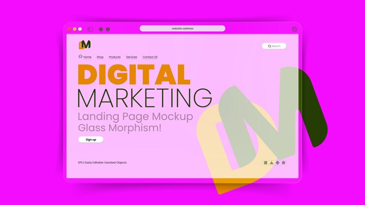 Morfismo de vidrio transparente maqueta de página de aterrizaje del sitio web de marketing digital en el famoso fondo púrpura