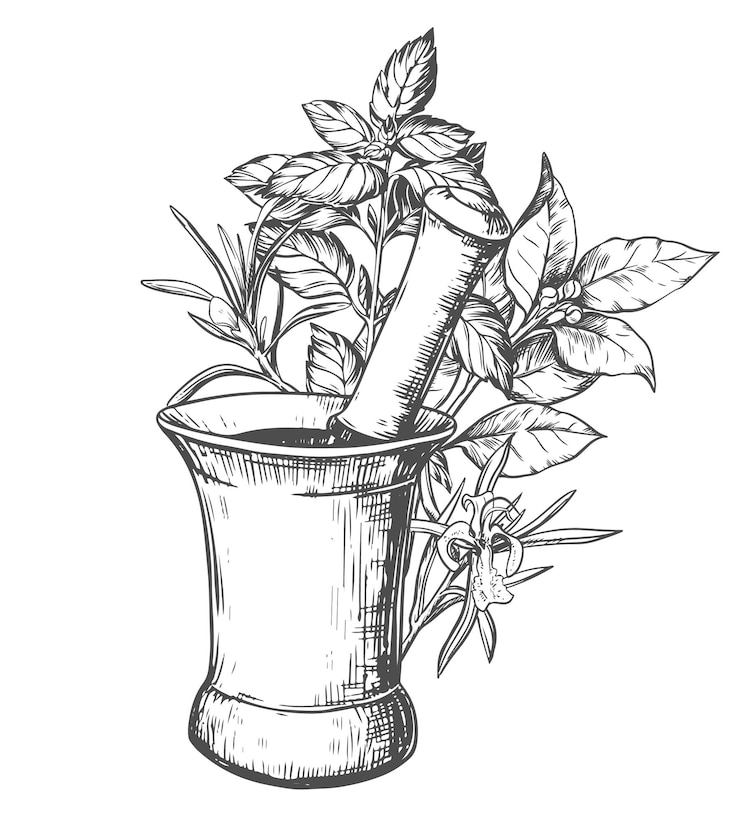 Vector mortero de cobre para moler hierbas y especias ilustración aromática vectorial romero albahaca laurel boceto a mano en técnica de grabado elementos de diseño separados en un estilo rústico