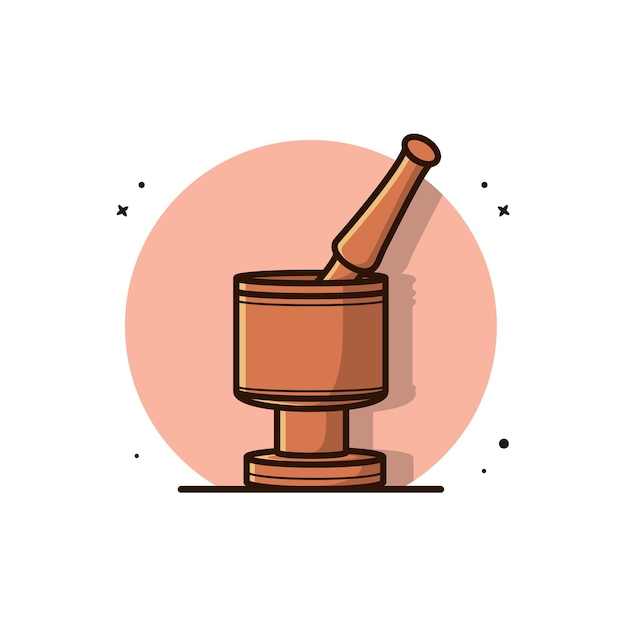 Mortero de especias de madera con mazo. Cuenco molinillo. Herramienta de cocina. Ilustración vectorial simple dibujada a mano